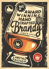 Gordijnen Award winning hand crafted brandy made of premium wines. Glass of alcoholic drink vintage poster template. Whiskey bar retro vector illustration. © lukeruk