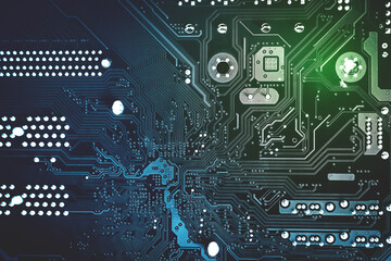 Modern printed circuit board, electronic board, textolite. Abstract banner background.
