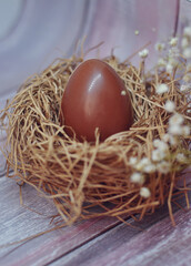 chocolate egg in a decorative nest