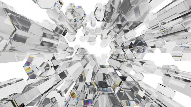 Transparent hexagonal prisms move up and down against a white background reflecting and refracting light. Seamless loop.
