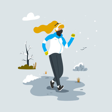 A pregnant woman running in the park in winter. Modern vector illustration in flat style.