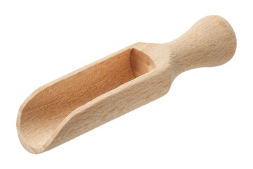 Small rustic wooden scoop isolated on white background.
