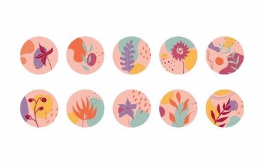 Set of various vector highlight covers. Abstract backgrounds. Various shapes, lines, spots, dots,  leaves, floral, doodle objects. Hand drawn templates. Round icons for social media stories. 