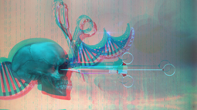 CRISPR Genschere | Gentechnik - DNA/RNA-Gen-Editing | 3D-Render Illustration mit Schädel, Spritze und DNA-Helix