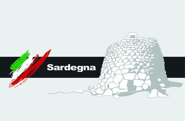 Nuraghe illustration, sardina, Sardegna, concept, illustration of a Sardinia landmark, stylised, Italy, Italian flag, composition, cover image, background, editable, 