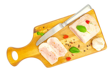 Homemade chicken fillet meat roll with vegetables and spices