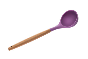 Lilac plastic kitchen tool with wooden handle for cooking