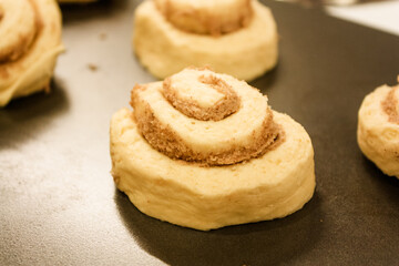 Delicious uncooked cinnamon roll on a pan waiting to be cooked