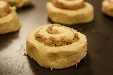 Delicious uncooked cinnamon roll on a pan waiting to be cooked