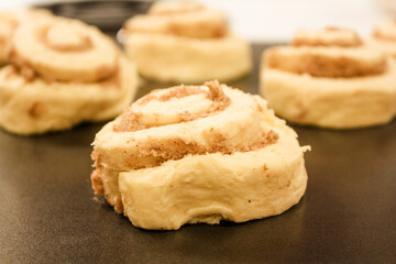 Delicious uncooked cinnamon roll on a pan waiting to be cooked