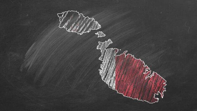 Country map and flag of Malta drawing with chalk on a blackboard. 4K hand drawn animation. One of a large series of maps and flags of different countries. Education, travel, study abroad concept.