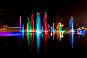 Long exposure of a colourful fountain at a mall in Merida, Mexico