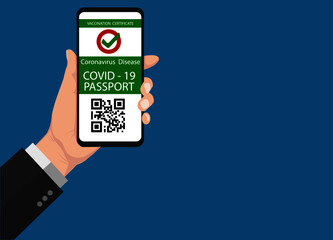 Vaccine passport for COVID-19 displayed on the smartphone held in the man's hand with copy space. Vaccination, disease immunity passport, health and surveillance concepts.
Vector ESP 10.