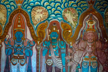 Mulkirigala, Sri Lanka, Asia, 02.07.2014: Wall paintings inside the Mulkirigala temple