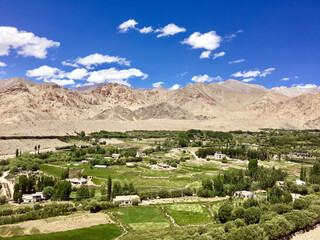 Fototapeta na wymiar Beautiful view of Leh city and green Indus valley with the Leh palace in the middle, Jammu and Kashmir, India.M