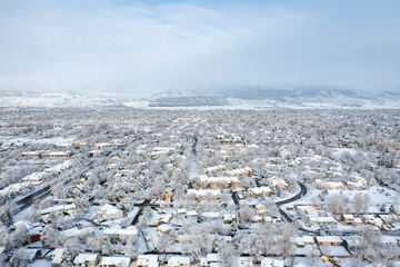 residential area of Fort Collins in northern Colorado after springtime snowstorm, aerial view