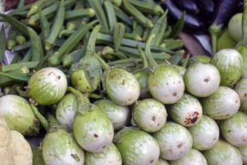 Closeup shot of green eggplants in a market place, Close up of small green eggplant on the table
