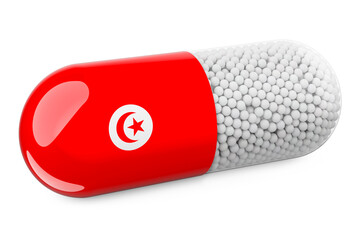 Pill capsule with Tunisian flag. Healthcare in Tunisia concept. 3D rendering