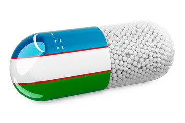 Pill capsule with Uzbek flag. Healthcare in Uzbekistan concept. 3D rendering