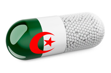 Pill capsule with Algerian flag. Healthcare in Algeria concept. 3D rendering