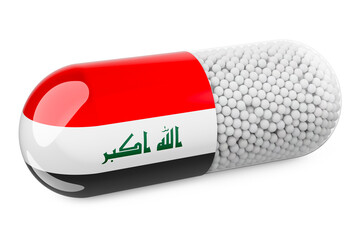 Pill capsule with Iraqi flag. Healthcare in Iraq concept. 3D rendering