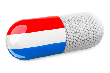 Pill capsule with Luxembourgish flag. Healthcare in Luxembourg concept. 3D rendering