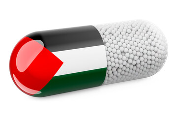 Pill capsule with Palestinian flag. Healthcare in Palestine concept. 3D rendering