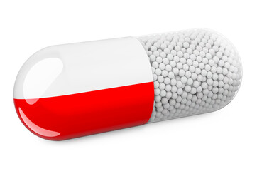 Pill capsule with Polish flag. Healthcare in Poland concept. 3D rendering