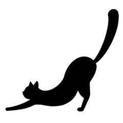 Vector icon black cat stretches himself. Isolated image of a pandiculation pet on a white background. Black silhouette, simple flat style