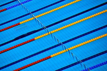 Backstroke Flags above lanes warn racers how far they are from wall for turns or finish, Olympic Swim Center, Olympic Park, London  