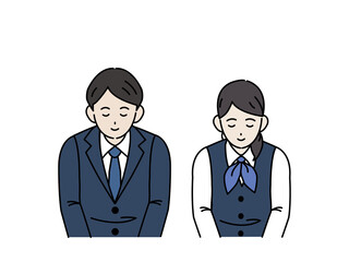 お辞儀をする男女　いらっしゃいませ　頭を下げる　挨拶　感謝　イラスト素材