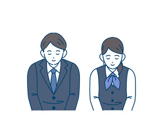 お辞儀をする男女　いらっしゃいませ　頭を下げる　挨拶　感謝　イラスト素材