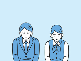 お辞儀をする男女　いらっしゃいませ　頭を下げる　挨拶　感謝　イラスト素材