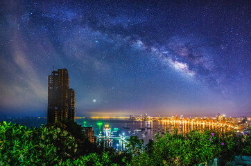 Milky Way galaxy, on Pattaya bay,Pattaya City,Thailand ,Long exposure photograph, with grain.Image...