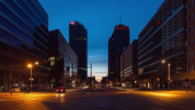 Night To Day Time Lapse Of Sunrise At Potsdamer Platz , Berlin, Germany