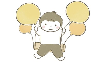 風船ブランコに乗るかわいい男の子