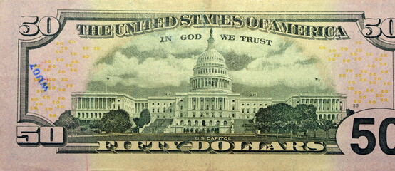 reverse side of 50 dollars portrait, fifty American dollars banknote background, selective focus, united states dollars banknote