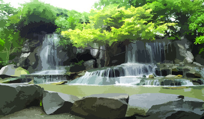The Waterfall in the forest from across of stream (vector illustration)