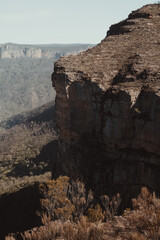 View of the rock faces across the valley from Walls Lookout in the Blue Mountains National Park, NSW.