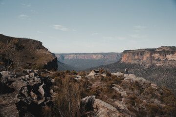 View of the rock faces across the valley from Walls Lookout in the Blue Mountains National Park, NSW.