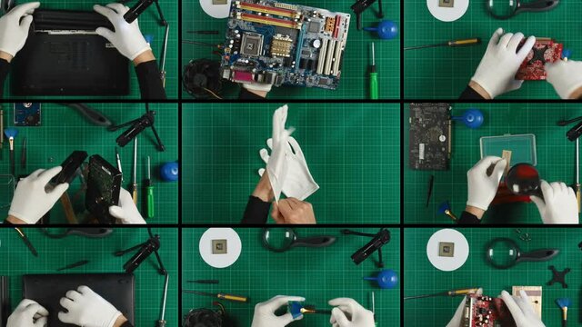 Laptop (notebook) service repairing split screen. Human hands wearing white gloves and repairing personal computer components.