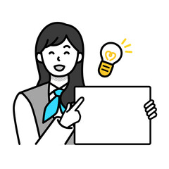 白紙のメッセージボードを持つ女性会社員