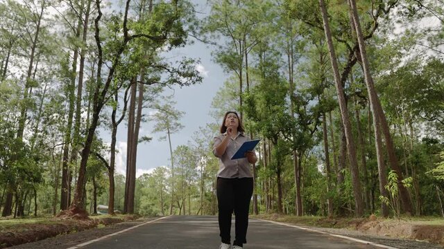 crane video shot of woman researchers are walking into academic records within the forest.
