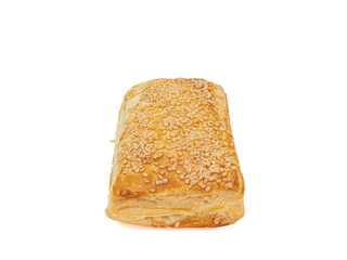 Tuna pie, a close up of homemade crispy tuna puff pastry bakery isolated on white background.