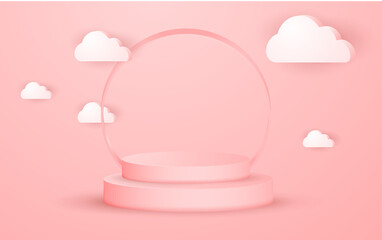 3d geometric elegant pink podium and cloud for product placement with circular frame