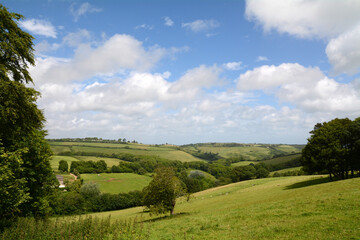 Fototapeta na wymiar Traditional view of the English countryside with rolling hills, blue sky and white clouds.
