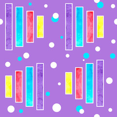 Watercolor seamless hand drawn pattern of 90s 80s memphis abstract style. Bright blue yellow pink purple geometric circle zig zag elements, funky hipster design for textile fashion wrapping paper.