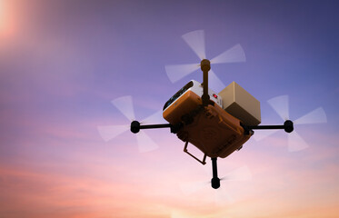 Naklejka na ściany i meble delivery drone or robot holding cardboard box
