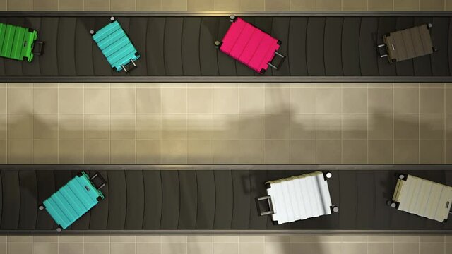 Luggages Moving On Airport Conveyor Belt Overhead View Loopable. realistic 3d animation. Suitcases of different colors.
