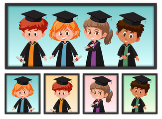 Set of many children in graduation costume in photo frame